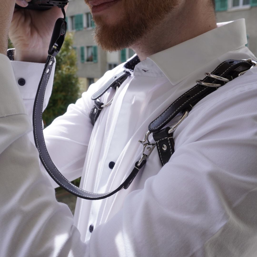 Black Camera Harness Front Closeup